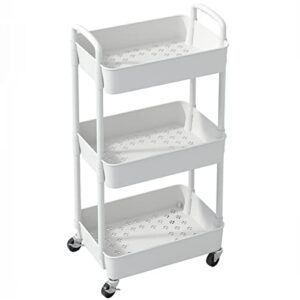 Sywhitta 3-Tier Plastic Rolling Utility Cart with Handle, Multi-Functional Storage Trolley for Office, Living Room, Kitchen, Movable Storage Organizer with Wheels, White