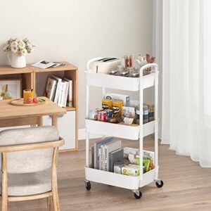 Sywhitta 3-Tier Plastic Rolling Utility Cart with Handle, Multi-Functional Storage Trolley for Office, Living Room, Kitchen, Movable Storage Organizer with Wheels, White