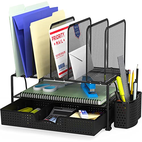 SimpleHouseware Mesh Desk Organizer with Sliding Drawer, Double Tray and 5 Upright Sections, Black