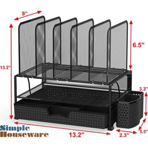 SimpleHouseware Mesh Desk Organizer with Sliding Drawer, Double Tray and 5 Upright Sections, Black