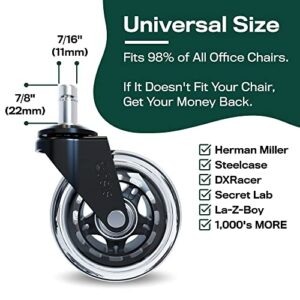 Office Chair Wheels Replacement Safe for Wood Floors and Carpet, Heavy Duty Rubber Desk Chair Casters for Gaming Chairs and Rolling Computer Chairs, Rollerblade Style, Set of 5, Universal Fit