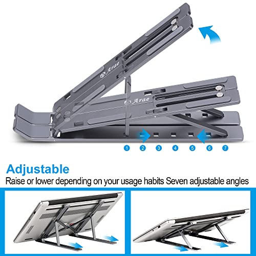Arae Laptop Stand for Desk, Adjustable Ergonomic Portable Aluminum Laptop Holder, Foldable Computer Stand 7 Angles Anti-Slip Laptop Riser Compatible with 9-15.6 inch Laptops, Gray