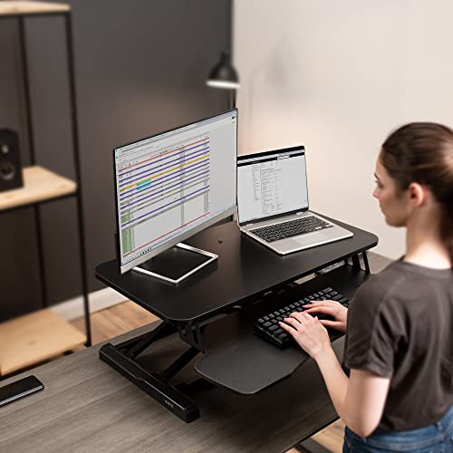 VIVO 32 inch Desk Converter, Height Adjustable Riser, Sit to Stand Dual Monitor and Laptop Workstation with Wide Keyboard Tray, Black, DESK-V000K, 32"