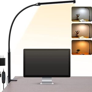 Voncerus LED Desk lamp with Clamp, Eye-Caring Clip on Lights for Home Office, 3 Modes 10 Brightness, Long Flexible Gooseneck,Metal, Swing Arm Architect Task Table Lamps with USB Adapter, Black