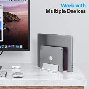 OMOTON [Updated Dock Version] Vertical Laptop Stand, Double Desktop Stand Holder with Adjustable Dock (Up to 17.3 inch), Fits All MacBook/Surface/Samsung/HP/Dell/Chrome Book (Silver)