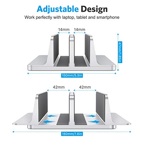 OMOTON [Updated Dock Version] Vertical Laptop Stand, Double Desktop Stand Holder with Adjustable Dock (Up to 17.3 inch), Fits All MacBook/Surface/Samsung/HP/Dell/Chrome Book (Silver)