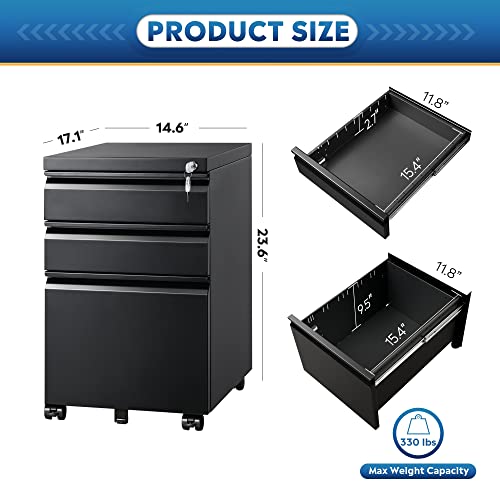 DEVAISE 3 Drawer Mobile File Cabinet with Lock, Under Desk Metal Filing Cabinet for Legal/Letter/A4 File, Fully Assembled Except Wheels, Black