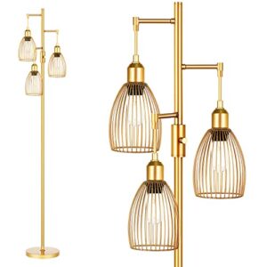 dimmable floor lamp, industrial floor lamps for living room, gold tree lamp standing lamp tall lamps with 3 elegant teardrop cage head & 800 lumens led bulbs for living room bedroom office