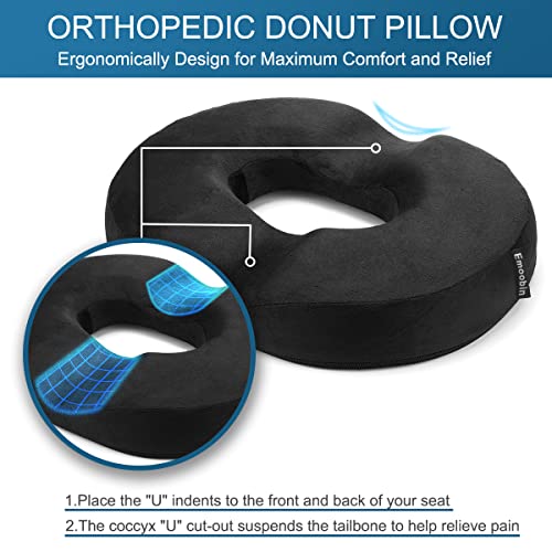 Emoobin Donut Pillow Hemorrhoid Tailbone Cushion - Orthopedic Pain Relief Pillow for Pregnancy, Coccyx, Bed Sores, Post Natal, Sciatica,18 Inches Black