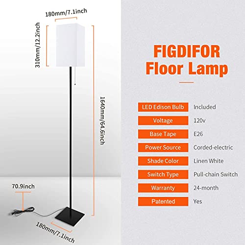 FIGDIFOR Floor Lamp, Floor Lamps for Living Room, Modern Standing Lamp Tall Lamp with Square Linen Shade, Simple Design Floor Lamp for Bedroom, Office, Kids Room, Reading Room, Bulb Included, Black