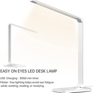 Ambertronix LED Desk Lamp with USB Charging Port, Dimmable Eye-Caring Reading Desk Light for Home, with 5 Brightness Level & 3 Lighting Modes, Touch Control, Auto Timer (White)