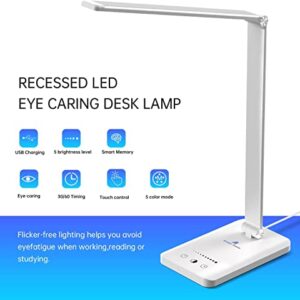Ambertronix LED Desk Lamp with USB Charging Port, Dimmable Eye-Caring Reading Desk Light for Home, with 5 Brightness Level & 3 Lighting Modes, Touch Control, Auto Timer (White)