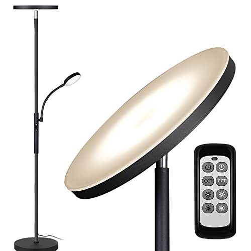 Dimunt Floor Lamp LED Floor Lamps for Living Room Bright Lighting, 27W/2000LM Main Light and 7W/350LM Side Reading Lamp, Adjustable 3 Colors 3000K/4500K/6000K Tall Lamp with Remote & Touch Control