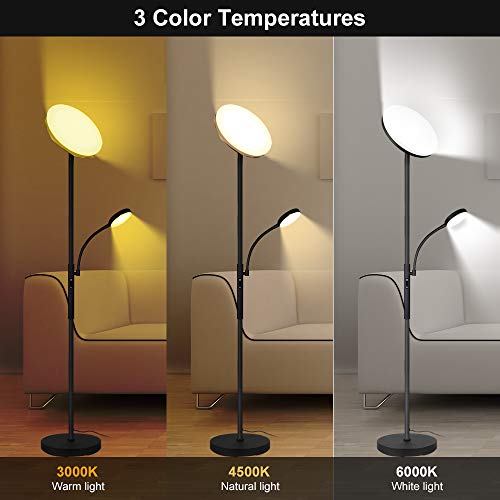 Dimunt Floor Lamp LED Floor Lamps for Living Room Bright Lighting, 27W/2000LM Main Light and 7W/350LM Side Reading Lamp, Adjustable 3 Colors 3000K/4500K/6000K Tall Lamp with Remote & Touch Control