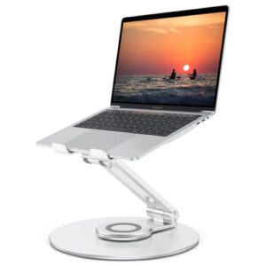 adjustable laptop stand with 360 rotating base, omoton ergonomic laptop riser for collaborative work, dual rotary shaft fully foldable for easy storage, fits macbook / all laptops up to 16 inches