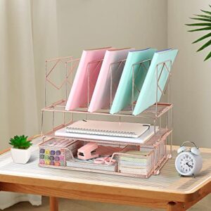 gianotter Desk Organizers and Accessories, Office Supplies Desk Organizer with Sliding Drawer, Double Tray and 5 Upright Section ​File Sorter Organizer (Rose Gold)