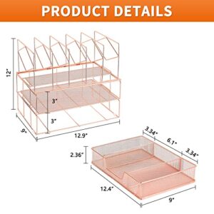 gianotter Desk Organizers and Accessories, Office Supplies Desk Organizer with Sliding Drawer, Double Tray and 5 Upright Section ​File Sorter Organizer (Rose Gold)