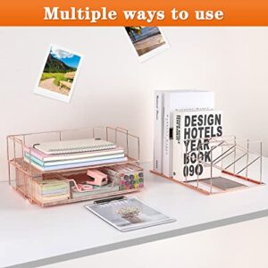 gianotter Desk Organizers and Accessories, Office Supplies Desk Organizer with Sliding Drawer, Double Tray and 5 Upright Section ​File Sorter Organizer (Rose Gold)