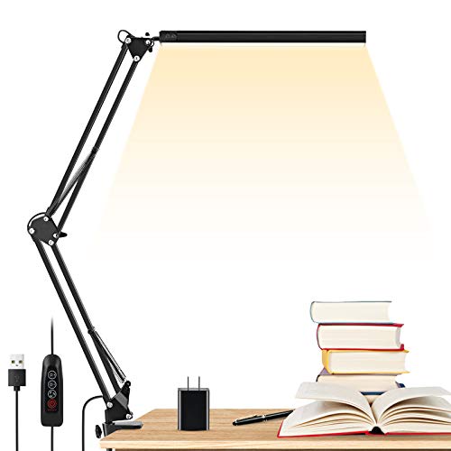 ENOCH LED Desk Lamp, 14W Eye-Caring Metal Swing Arm Desk Lamp with Clamp, 3 Modes, 30 Brightness Dimmable Clamp Desk Light with Memory Function/USB Adapter, Architect Table Desk Lamps for Home Office