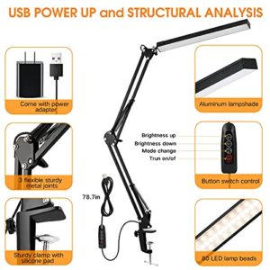 ENOCH LED Desk Lamp, 14W Eye-Caring Metal Swing Arm Desk Lamp with Clamp, 3 Modes, 30 Brightness Dimmable Clamp Desk Light with Memory Function/USB Adapter, Architect Table Desk Lamps for Home Office