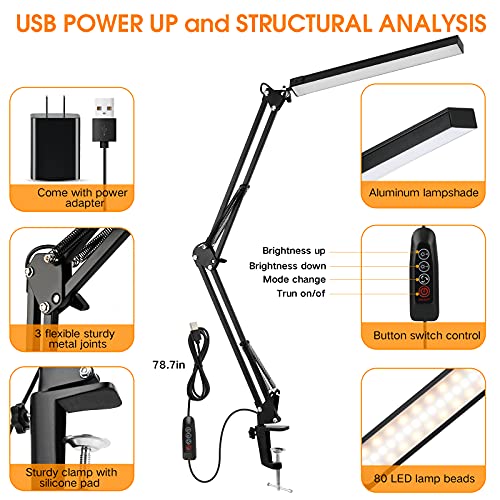 ENOCH LED Desk Lamp, 14W Eye-Caring Metal Swing Arm Desk Lamp with Clamp, 3 Modes, 30 Brightness Dimmable Clamp Desk Light with Memory Function/USB Adapter, Architect Table Desk Lamps for Home Office