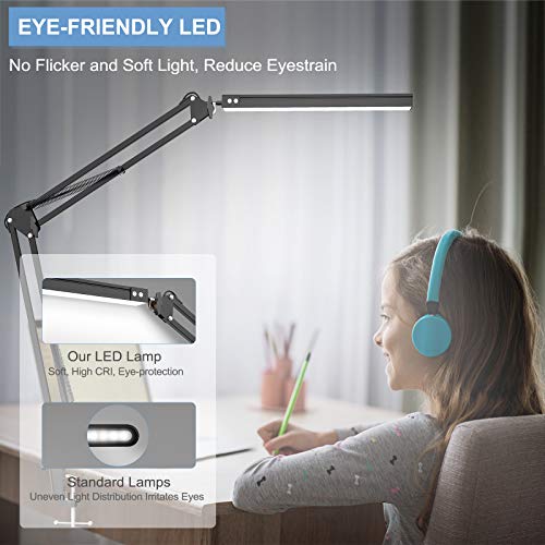 LED Desk Lamp,Adjustable Swing Arm Desk Lamp with Clamp,Dimmable Desk Light Eye-Care Table Light, Memory Function, 3 Color Modes, 10-Level Brightness Table Lamp for Home, Office, Study, Reading