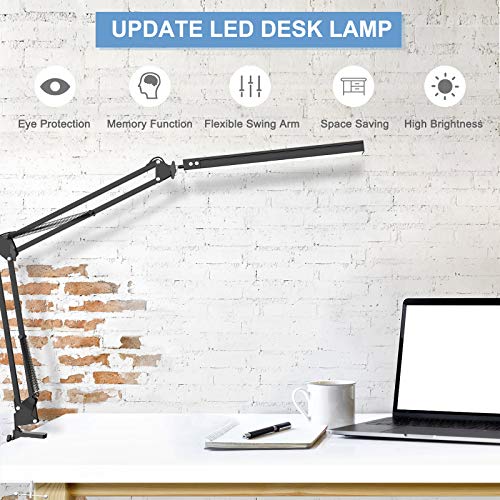 LED Desk Lamp,Adjustable Swing Arm Desk Lamp with Clamp,Dimmable Desk Light Eye-Care Table Light, Memory Function, 3 Color Modes, 10-Level Brightness Table Lamp for Home, Office, Study, Reading