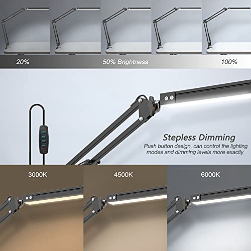 LED Desk Lamp,Adjustable Swing Arm Desk Lamp with Clamp,Dimmable Desk Light Eye-Care Table Light, Memory Function, 3 Color Modes, 10-Level Brightness Table Lamp for Home, Office, Study, Reading