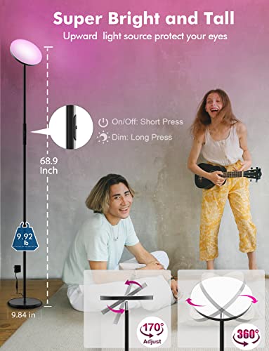 Smart RGB Floor Lamp Works with Alexa Google Home, WiFi Remote Modern Tall Standing Light, Super Bright 2000LM Color Changing & Dimmable Sky Torchiere LED Floor Lamp for Living Room, Bedroom (Black)