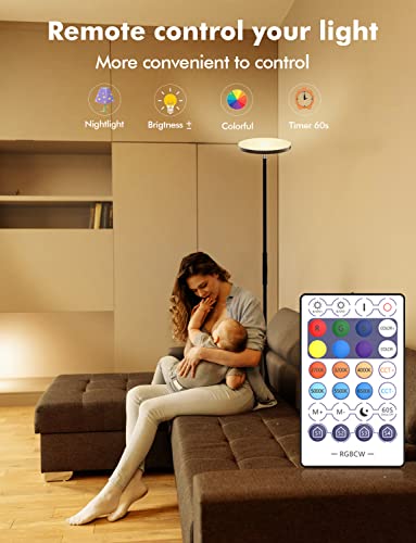 Smart RGB Floor Lamp Works with Alexa Google Home, WiFi Remote Modern Tall Standing Light, Super Bright 2000LM Color Changing & Dimmable Sky Torchiere LED Floor Lamp for Living Room, Bedroom (Black)