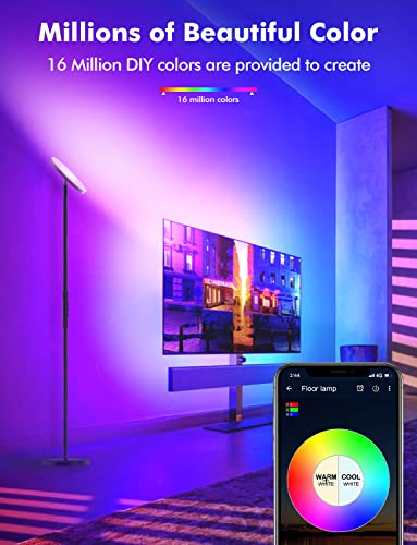 Smart RGB Floor Lamp Works with Alexa Google Home, WiFi Remote Modern Tall Standing Light, Super Bright 2000LM Color Changing & Dimmable Sky Torchiere LED Floor Lamp for Living Room, Bedroom (Black)