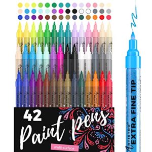 acrylic paint pens – 42 acrylic paint markers – extra fine tip paint pens (0.7mm) – great for rock painting, wood, canvas, ceramic, fabric, glass – 40 colors + extra black & white acrylic markers