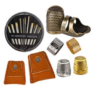 8 pcs sewing thimble + 30 pcs sewing needles, finger protector fingertip thimble adjustable metal bronze sewing thimble rings and leather coin thimble for needlework, hand embroidery craft