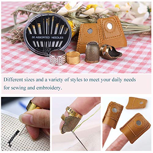 8 Pcs Sewing Thimble + 30 Pcs Sewing Needles, Finger Protector Fingertip Thimble Adjustable Metal Bronze Sewing Thimble Rings and Leather Coin Thimble for Needlework, Hand Embroidery Craft