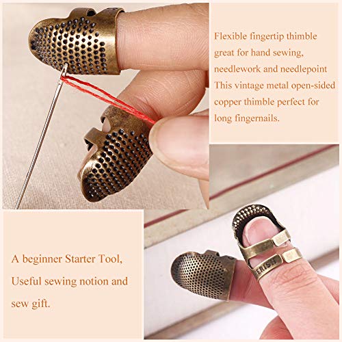 8 Pcs Sewing Thimble + 30 Pcs Sewing Needles, Finger Protector Fingertip Thimble Adjustable Metal Bronze Sewing Thimble Rings and Leather Coin Thimble for Needlework, Hand Embroidery Craft