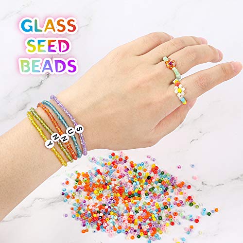 DICOBD Craft Beads Kit 10800pcs 3mm Glass Seed Beads and 1200pcs Letter Beads for Friendship Bracelets Jewelry Making Necklaces and Key Chains with 2 Rolls of Cord