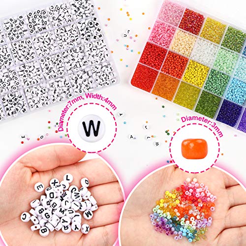 DICOBD Craft Beads Kit 10800pcs 3mm Glass Seed Beads and 1200pcs Letter Beads for Friendship Bracelets Jewelry Making Necklaces and Key Chains with 2 Rolls of Cord