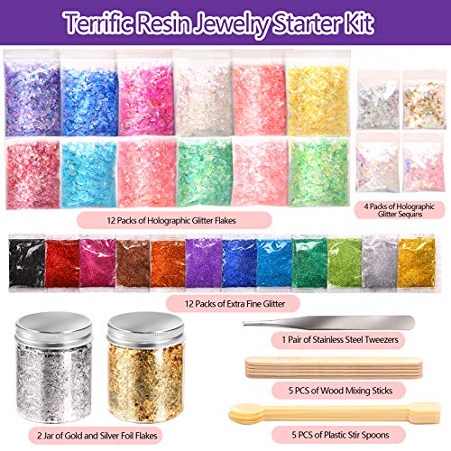 41PCS Resin Supplies Kit, LEOBRO Extra Fine Glitter for Resin, Resin Glitter Flakes Sequins, Foil Flakes, Mixing Stick &Tweezers, Craft Glitter for Resin Crafts, Nail Art, Jewelry Tumbler Making