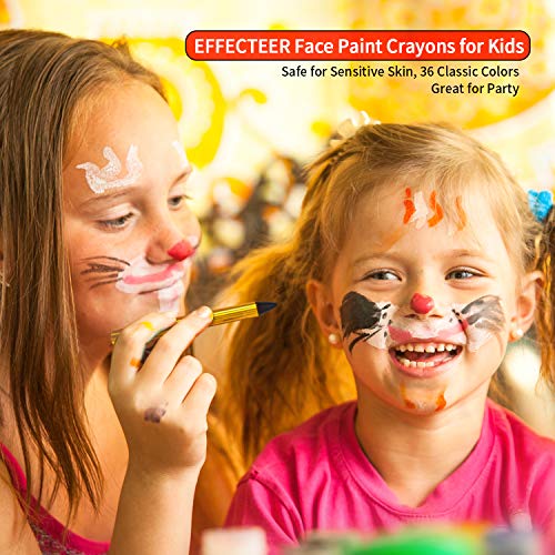 Face Paint Crayons for Kids, 36 Makeup Sticks & 36 Stencils, Professtional Face Painting kit for Halloween or Birthday Party, 6 Fluorescent, 6 Metallic & 24 Classic Colors, Safe for Sensitive Skin