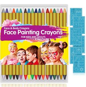 face paint crayons for kids, 36 makeup sticks & 36 stencils, professtional face painting kit for halloween or birthday party, 6 fluorescent, 6 metallic & 24 classic colors, safe for sensitive skin