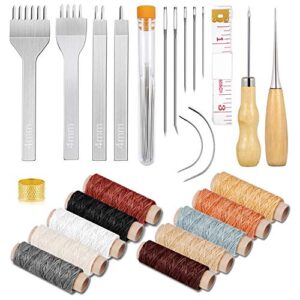 cridoz 35 pcs leather stitching pouch kit with 4mm prong sewing hole punch, leather sewing tools, waxed thread and large-eye stitching needles for beginner leather sewing working crafting projects