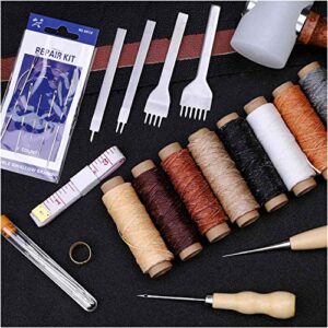 Cridoz 35 Pcs Leather Stitching Pouch Kit with 4mm Prong Sewing Hole Punch, Leather Sewing Tools, Waxed Thread and Large-Eye Stitching Needles for Beginner Leather Sewing Working Crafting Projects