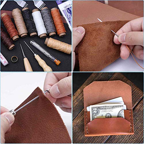 Cridoz 35 Pcs Leather Stitching Pouch Kit with 4mm Prong Sewing Hole Punch, Leather Sewing Tools, Waxed Thread and Large-Eye Stitching Needles for Beginner Leather Sewing Working Crafting Projects