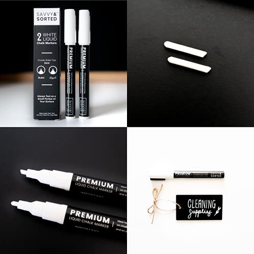 Erasable Liquid Chalk Markers White 2PK - Fine Tip Chalk Marker for Chalkboard - Bright Ink & Easy to Erase - 3mm Reversible Tip for Bullet or Chisel Point - White Bistro Chalk Markers for Blackboard