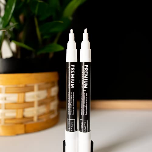 Erasable Liquid Chalk Markers White 2PK - Fine Tip Chalk Marker for Chalkboard - Bright Ink & Easy to Erase - 3mm Reversible Tip for Bullet or Chisel Point - White Bistro Chalk Markers for Blackboard