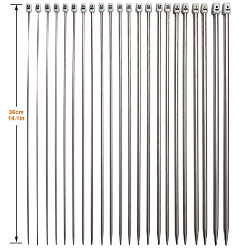 Knitting Needle Set, BCMRUN 22PCS 2mm(B)-8mm(L) Straight Single Pointed Stainless Steel Sweater Needles Set(11Pair-11 Size,9.8 inch) with Locking Stitch Makers Large-Eye Needles Measure Tape (36CM)