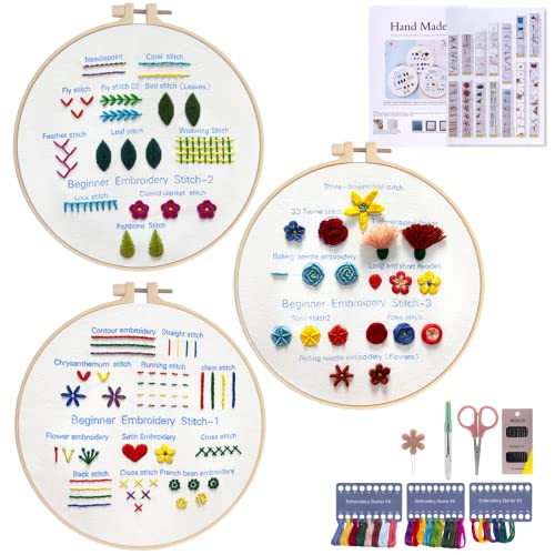 Embroidery Kit Beginners Embroidery Stitch Practice kit, chfine 3 Sets Hand Embroidery Starter Kit with 1 Hoop Learn 25 Different Stitches for Craft Lover Adult Stitch with Embroidery Skill Techniques