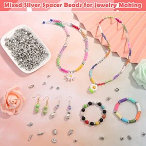 350 Pcs Silver Spacer Beads for Jewelry Making, Mixed Jewelry Spacer Beads Bulk Random Styles Metal Beads for Bracelets, Necklace, Earring Jewelry Making