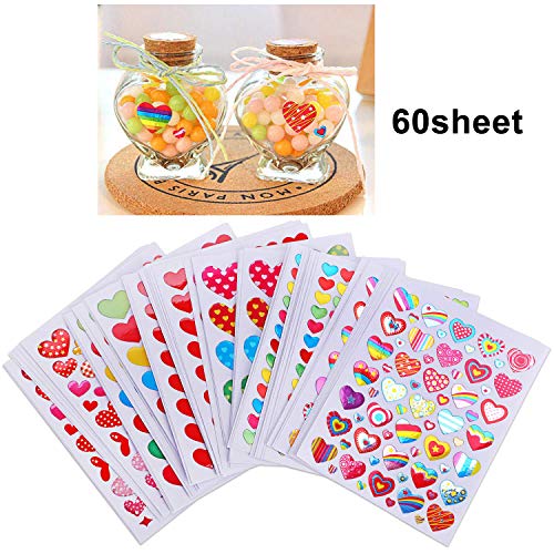 Love Heart Stickers, 60 Sheets Colorful Heart Decorative Stickers for Valentine's Day, Anniversaries, Wedding