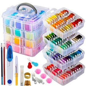 262 pack embroidery thread floss set including 200 colors 8 m/pcs cross stitch sewing thread with floss bins and 62 pcs cross stitch tool,4-tier transparent storage box